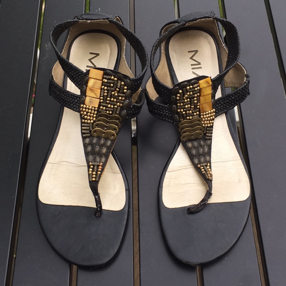 Funky beaded short wedge sandals